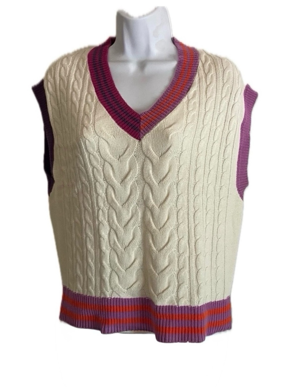 wild fable Cream Cable Knit V-Neck Sweater Vest with Pink and Orange Trim